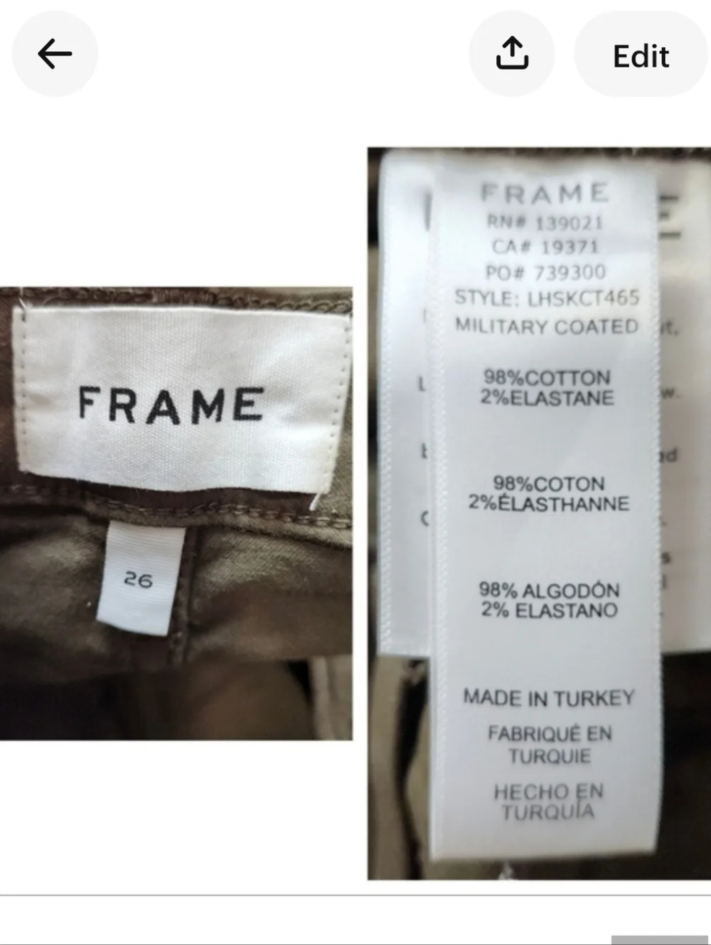 Frame denim Women Le High Skinny LHSKCT465 mid rise khaki Green Coated jeans 26 - Picture 7 of 16